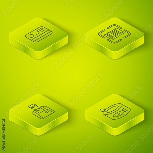 Set Isometric line Scanner scanning bar code, Seller, Canned fish and Credit card icon. Vector