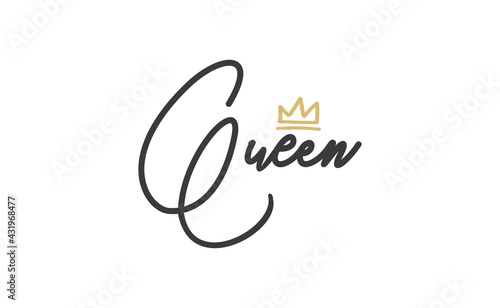 Queen word lettering with gold doodle crown. Vector illustration, calligraphic style text.