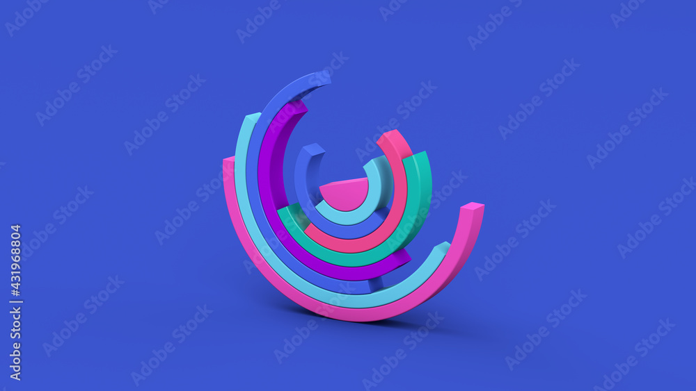 Bright half circle shapes. Blue background. Abstract illustration, 3d render. Bright half circle shapes. Blue background. Abstract illustration, 3d render.
