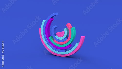 Bright half circle shapes. Blue background. Abstract illustration, 3d render.