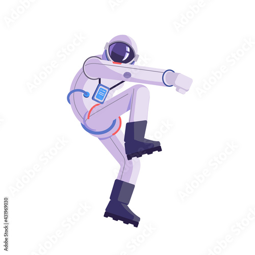 Cartoon astronaut. Dancing party cosmonaut, modern disco spaceman, comic space dancer. Vector comics astronaut illustration in different poses.