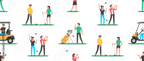 Seamless pattern with golf players. Golfer sports equipment. flat style. isolated on white background