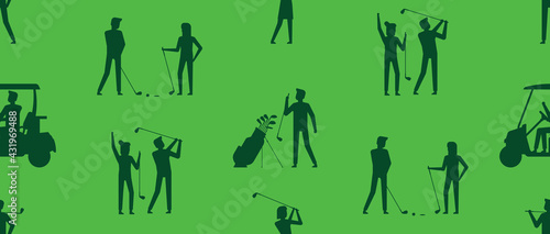 Seamless pattern with golf players. Golfer sports equipment. flat style. isolated on green background