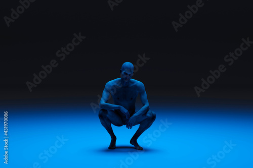 Three dimensional render of man crouching in dark area photo