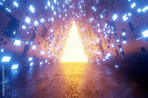 Three dimensional render of triangle shaped portal glowing at end of futuristic corridor photo
