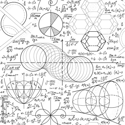Math vector seamless pattern with algebraic and physical formulas and calculations, technical drawing figures and plots