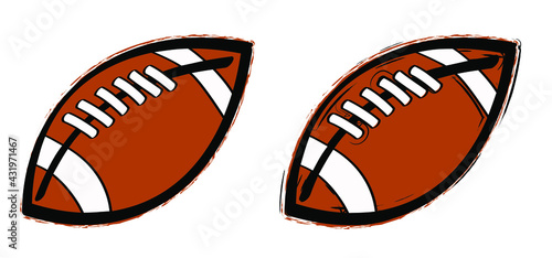 Cartoon, sketch American football. Rugby ball logo. American football. Rugbyball icon. Super bow in doodle style. Funny vector sport icon. Sport finale or school game cup. 