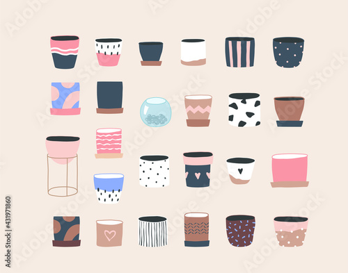Ceramic craft pots isolated. Home plant flowerpots. Trendy hugge style, urban jungle decor. Hand drawn. Set collection. Blue, pink, brown, beige, white, black pastel colors. Print, poster. Logo, label