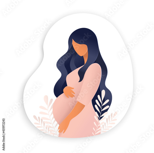 Side view of pregnant woman, pregnancy concept in trendy paper cut craft graphic style. Modern abstract design of motherhood poster, banner. Vector illustration isolated on white background.