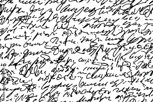 Grunge texture of unreadable handwritten text. Monochrome background of careless illegible handwriting. Sloppy ink scrawls. Overlay template. Vector illustration