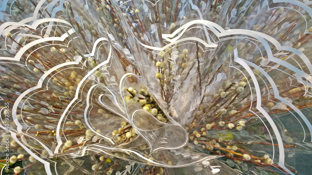 Willow twigs wrapped in cellophane at a flower shop Willow twigs wrapped in cellophane at a flower shop