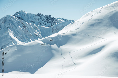 Ski tracks on snow covered Kreuzjoch mountain, Namloser Wetterspitze, Lechtal Alps, Tyrol, Austria