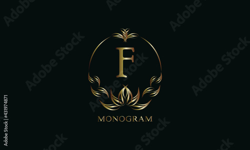 Vintage gorgeous royal monogram with letter F on a dark background. Exquisite gold floral logo for business, restaurant, boutique, cafe, hotel, etc.