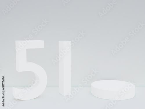 Scene with podium for mock up presentation in white color, minimalism style and number 51 with copy space, 3d render abstract background