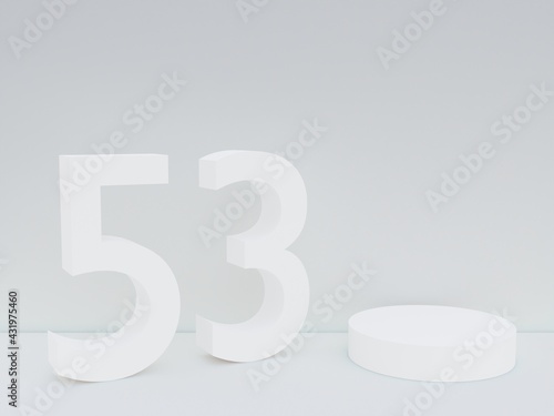 Scene with podium for mock up presentation in white color, minimalism style and number 53 with copy space, 3d render abstract background