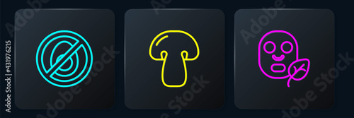 Set line No meat, Facial cosmetic mask and Mushroom. Black square button. Vector