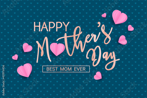 Happy Mother's Day card on dark backgrounw with gold lettering and paper hearts. Paper craft digital art photo