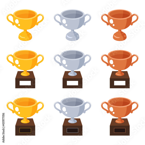 かわいいトロフィーのイラスト素材セット_斜め上_金銀銅