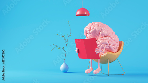 Three dimensional render of human brain reading book photo