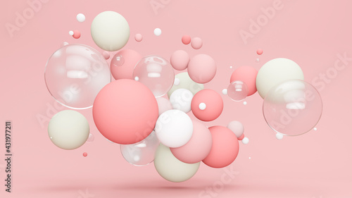 Three dimensional render of pastel colored bubbles floating against pink background photo
