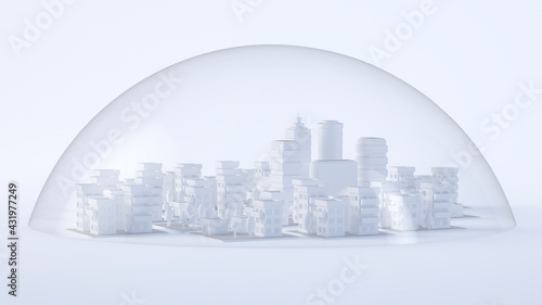White three dimensional render of glass dome covering diorama of city downtown photo