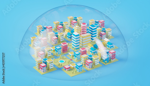 Three dimensional render of glass dome covering diorama of colorful city