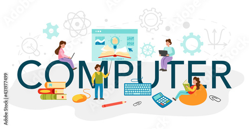 Computer typographic header. IT education, student write software