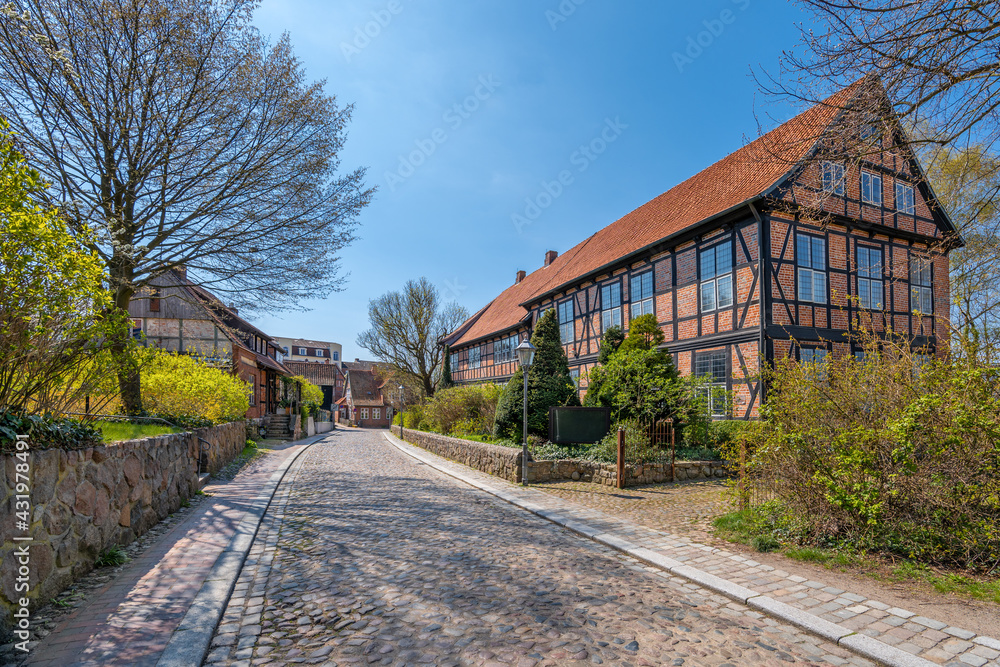 Ratzeburg, Germany. Cobblestone street in the historic town center. Ratzeburg, Germany. Cobblestone street in the historic town center.