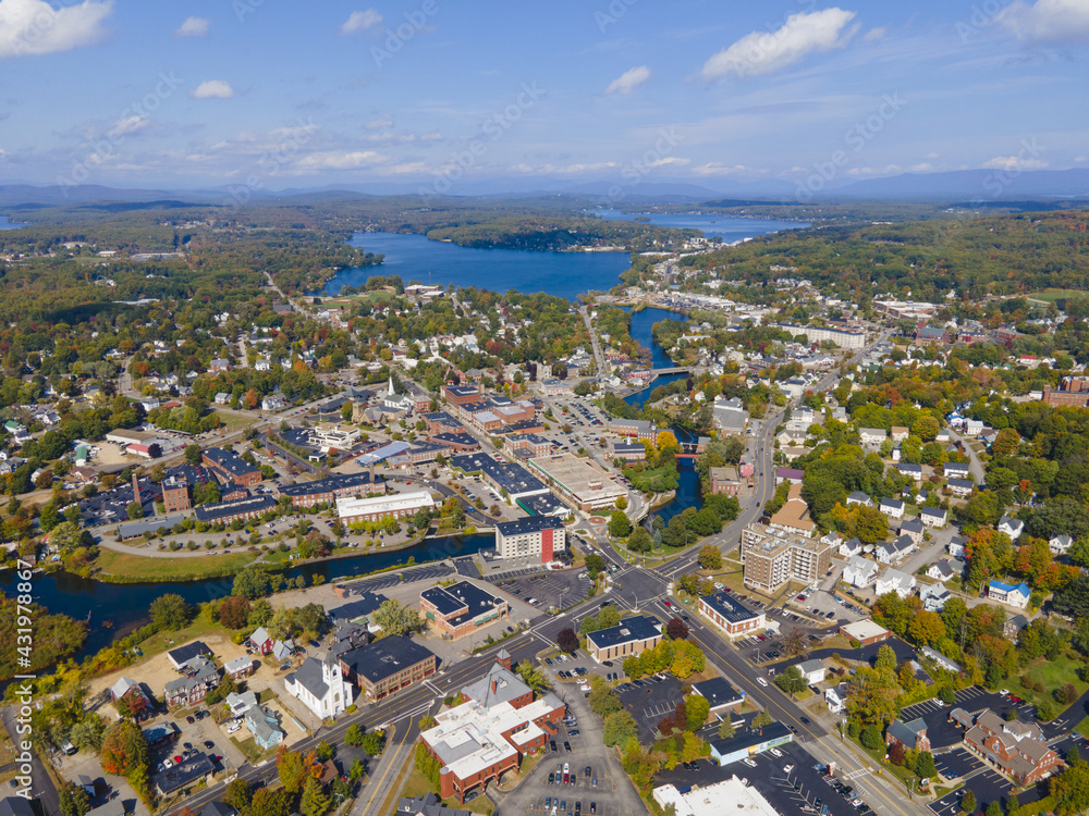 Laconia city center and Opechee Bay of Lake Winnipesaukee aerial view