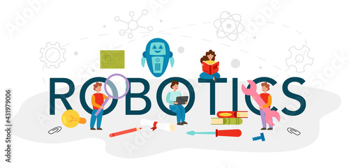 Robotics typographic header. Robot engineering and programming.