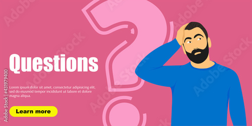 Young doubting man standing near big question symbol on white pink. Flat modern concept vector illustration of people who has questions so needs qualified help, support or consultation