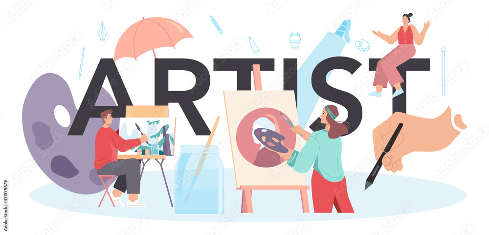 Fototapeta premium Artist typographic header. Professional illustrator in front of big easel