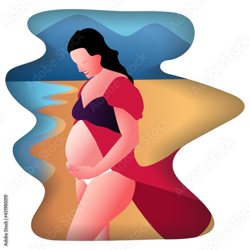 illustration of a pregnant woman walking on the beach