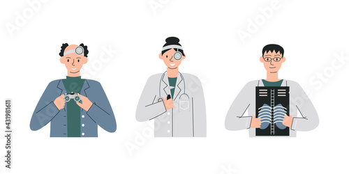 Medical personnel staff team isolated on white. Ophthalmologist holds eye check special equipment. Otolaryngologist with tool for examination of ear. Phthisiatrian and x-ray. Vector flat illustration