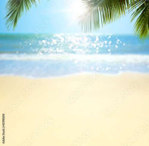 abstract blurred summertime vacation background; sunny tropical beach with palm tree and sea waves