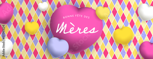 Bonne fête des mères, sous forme de carte ou bannière, poster ou flyer, avec des losanges et des gros coeurs jaunes, fuchsias ,violets et blancs

