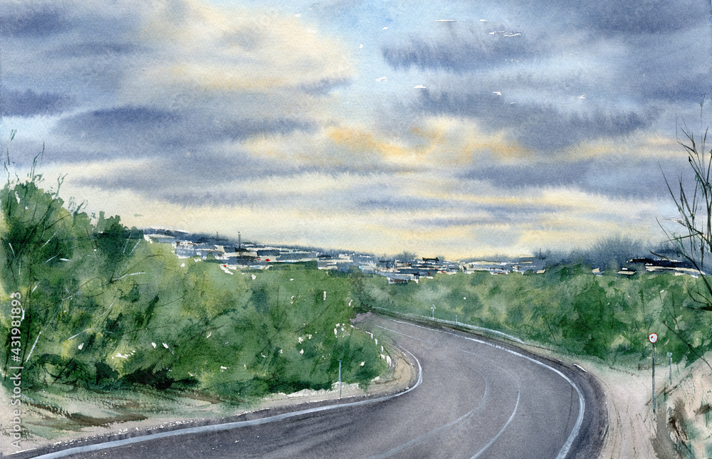 Hand Drawn Watercolor Landscape With Road, Sky and Forest
