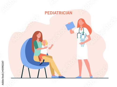 Mother with child at pediatrician office. Cartoon woman with girl, female doctor holding bunny flat vector illustration. Pediatrician, healthcare concept for banner, website design or landing web page