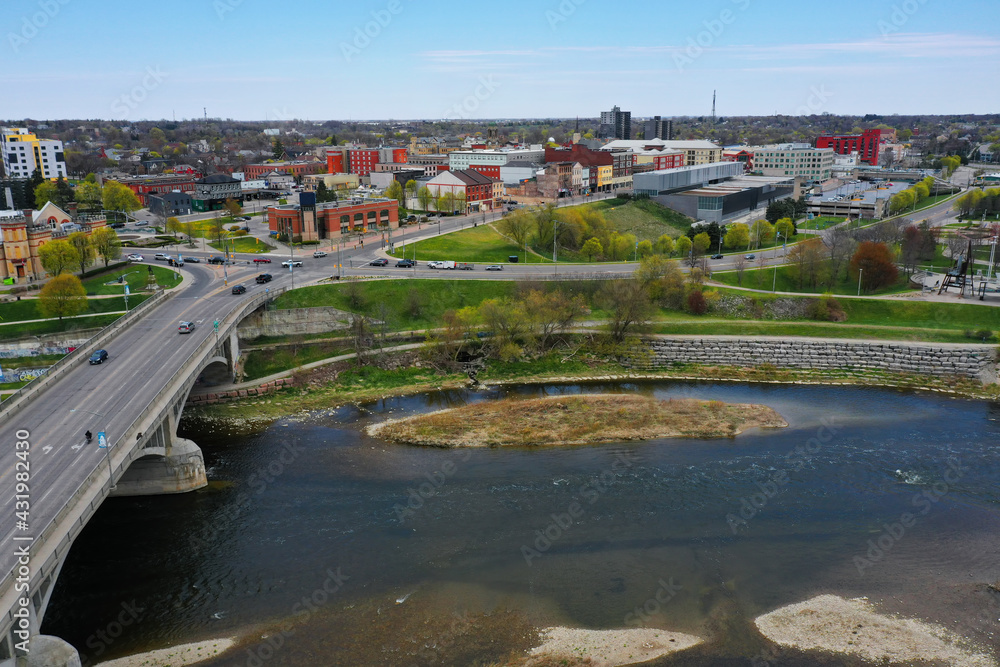 Aerial traffic on the Lorne Bridge into Brantford, Ontario, Canada