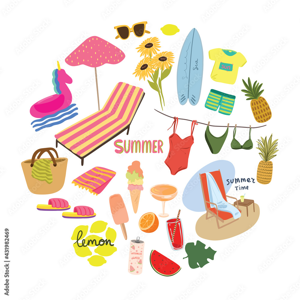 A set of cliparts on the theme of summer. Vector illustrations are drawn by hand. A set of cliparts on the theme of summer. Vector illustrations are drawn by hand.
