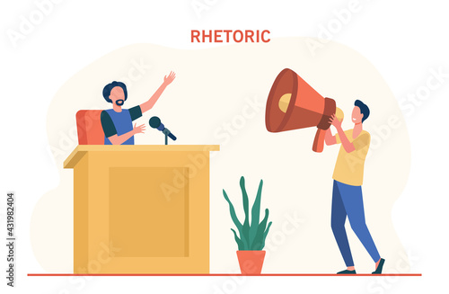Rhetoric specialist giving advice to man. Cartoon teacher at tribune, person with huge speaker flat vector illustration. Rhetoric, public speech concept for banner, website design or landing web page
