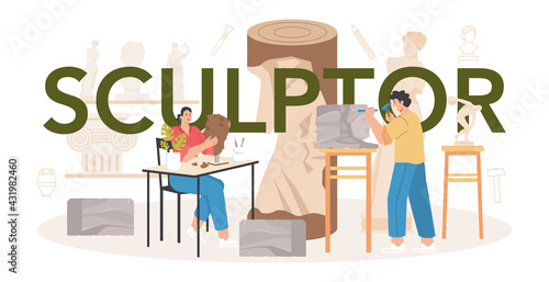 Sculptor typographic header. Creating sculpture of the marble