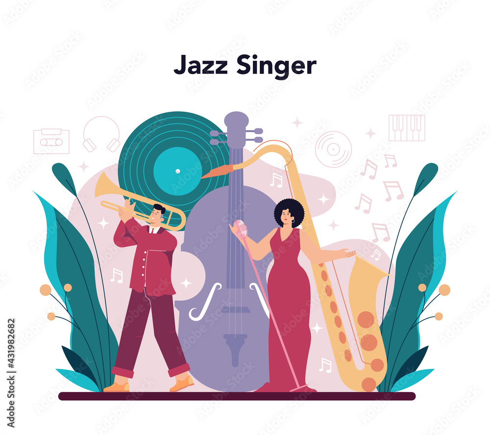 Fototapeta premium Jazz singer concept. Performer singing with microphone on stage.