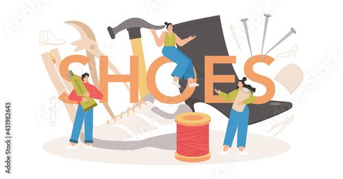 Shoes typographic header. Craftsman wearing an apron mending shoe