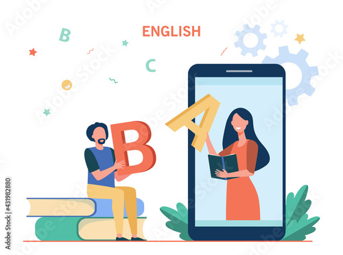 Tiny man learning English online. Male cartoon character holding letter, teacher on phone screen flat vector illustration. Teaching, online education, language, concept for banner, website design