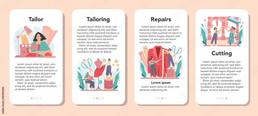 Tailor mobile application banner set. Fashion designer sewing Tailor mobile application banner set. Fashion designer sewing