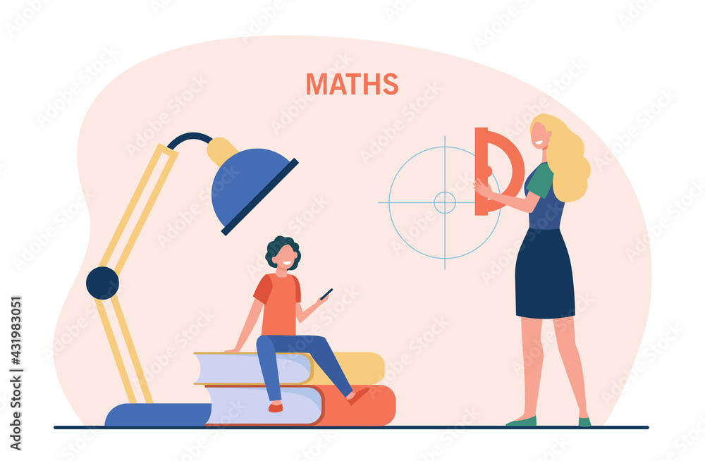 Mother or tutor teaching child maths. Tiny cartoon woman with protractor explaining mathematics to boy sitting on books flat vector illustration. Teaching, education concept for banner, website design