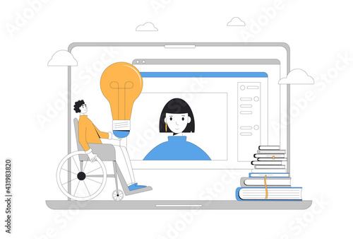 Home schooling. Online personal education for teenagers. Digital inclusion learning. Video course. Vector concept illustration.