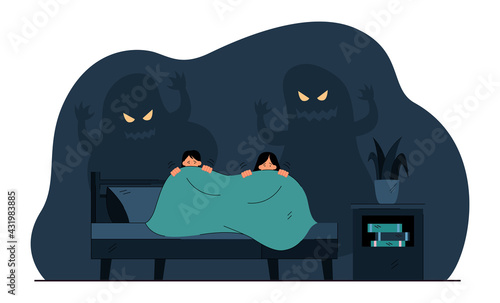 Cartoon little children afraid of ghosts in darkness. Flat vector illustration. Kids trembling and hiding under covers from scary ghost shadows on wall behind. Childhood, fear, mystery concept