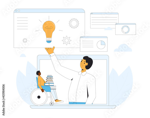 Home schooling. Online personal education for teenagers. Disabled wheelchair young man have an online class. Digital inclusion learning. Video course. Vector  illustration.